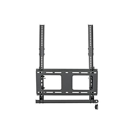 Schwarze TV-Wandhalterung, Frontansicht, mit Löchern und einem Schloss.
