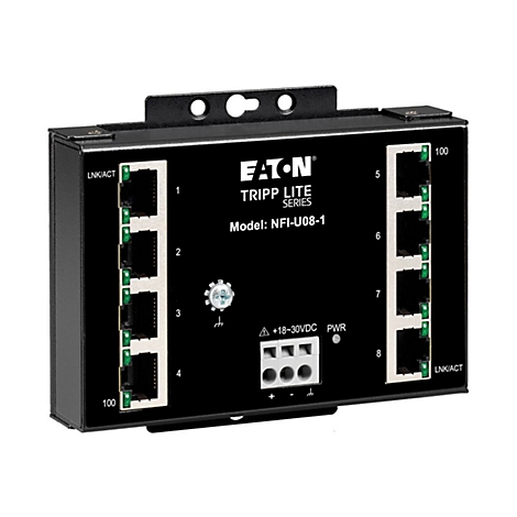 Schwarzer Netzwerk-Switch mit acht Ethernet-Ports, Bezeichnung: Eaton Tripp Lite Series. Ports sind nummeriert, mit LED-Anzeigen.