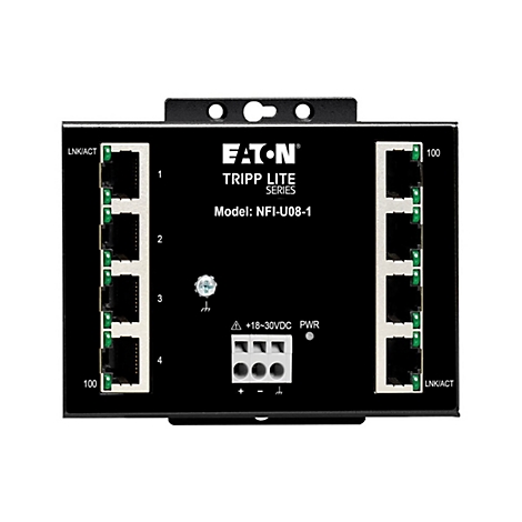 Schwarzes Netzwerkgerät mit Anschlüssen und Anzeigen. Die Beschriftung lautet 'Eaton Tripp Lite'.