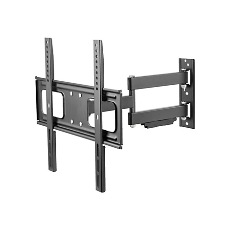 Schwarze TV-Wandhalterung. Horizontaler Träger, zwei vertikale Träger mit Löchern. Gelenkarm-Konstruktion.