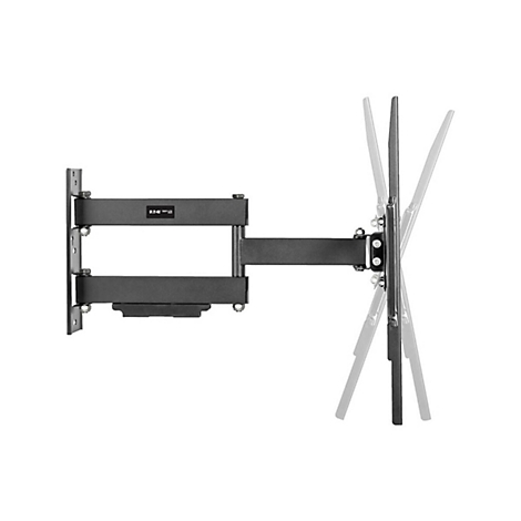 Schwarze TV-Wandhalterung, drehbar, an weißem Hintergrund. Die Halterung hat das Eaton Logo. Eine stilisierte Darstellung der Drehbarkeit wird gezeigt.