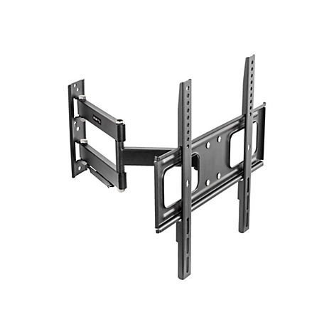 Schwarze TV-Wandhalterung, aus Metall, mit verschiedenen Gelenken und Löchern zur Befestigung.