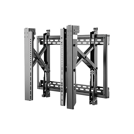 Schwarze TV-Wandhalterung, offen, mit diversen Halterungen und Schrauben.