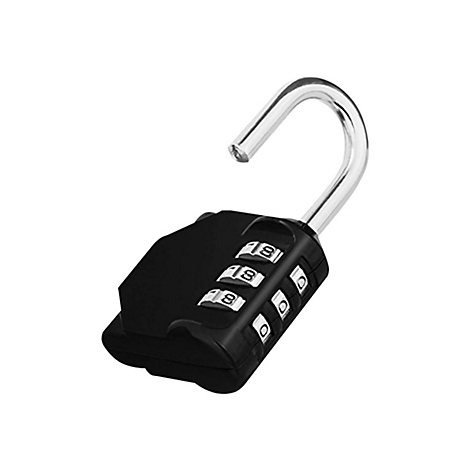 Schwarzes Zahlenschloss mit offenem Bügel. Drei Rollen mit weißen Zahlen, ein Loch mit Sicht auf das Innere.