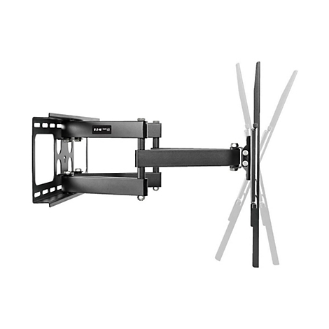 Schwarze TV-Wandhalterung, ausziehbar und schwenkbar, mit angedeuteter Bewegung.