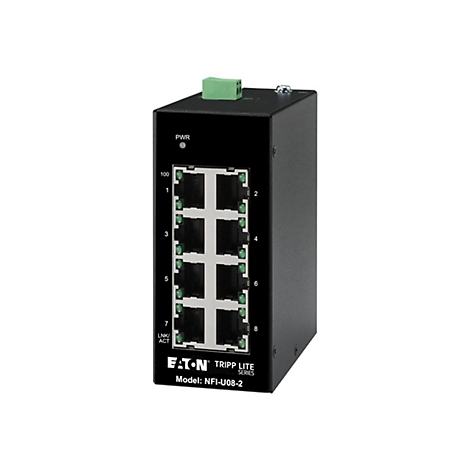 Schwarzer Netzwerk-Switch mit acht Anschlüssen, Beschriftungen und Markierungen.