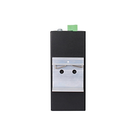 Schwarzes elektronisches Gerät mit grünem Anschluss und Metallhalterung auf weißem Hintergrund.