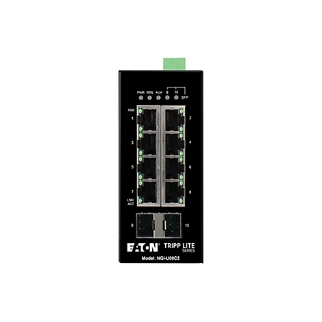 Schwarzer Netzwerk-Switch mit Ports und LEDs. Oben sind Beschriftungen wie PWR, RPS, ALM, 9, 10, SFP. Unten Logo und Modellbezeichnung.
