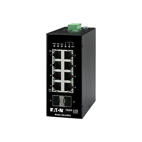Ein schwarzer Netzwerk-Switch mit Anschlüssen, Beschriftungen und der Marke Eaton Tripp Lite. Das Modell ist NGI-U08C2.