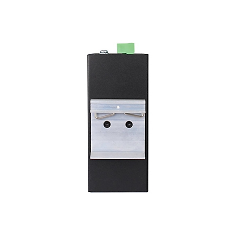 Schwarzes elektronisches Gerät, mit silberner Halterung und grünen Steckverbindungen, auf weißem Hintergrund.