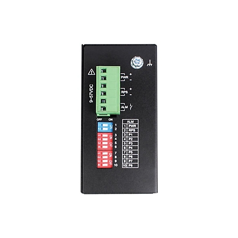 Schwarzes elektronisches Bauteil, mit grünen Anschlussblöcken, Beschriftungen und DIP-Schaltern.