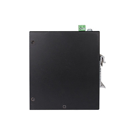 Schwarzes elektronisches Gehäuse mit Schrauben und grünem Anschluss.