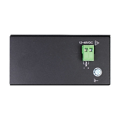 Schwarzes elektronisches Gerät, grüner Anschluss, Text: 12-48VDC, PWR +, -, Schraubenkopf, Symbol.