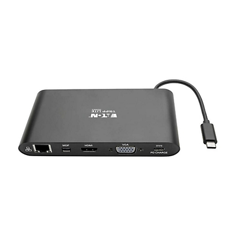 Schwarzer Eaton Tripp Lite Adapter mit Anschlüssen wie HDMI, VGA und PD Charge, Kabel. Aufschrift: EATON TRIPPLITE SERIES.