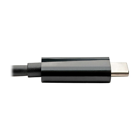 Nahaufnahme eines schwarzen USB-C-Kabels mit silberfarbenem Stecker, isoliert auf weißem Hintergrund.