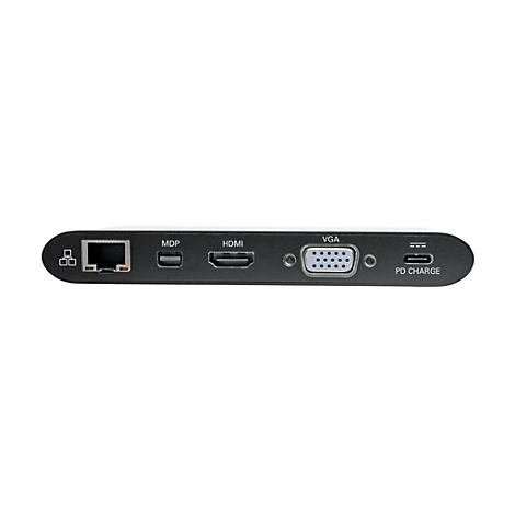 Schwarzes Gerät mit Anschlüssen: Ethernet, MDP, HDMI, VGA und PD Charge. Alle Anschlüsse sind beschriftet.