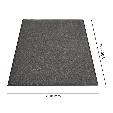 Rechthoekige grijze mat met zwarte rand. Afmetingen: 600 x 900 mm.