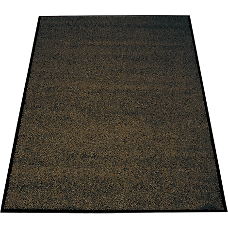 Alfombra marrón con borde negro, fotografiada ligeramente en diagonal desde arriba.