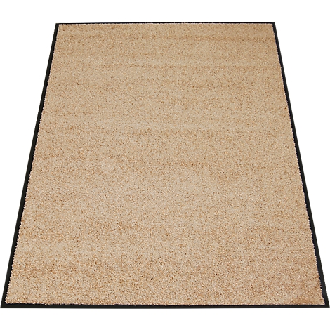 Beige tapijt met zwarte rand op een witte achtergrond.
