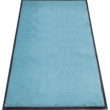Turquoise blauw tapijt met een zwarte rand op een witte achtergrond.