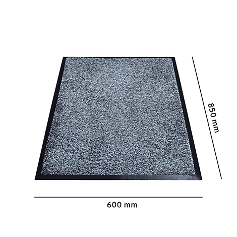 Felpudo gris con borde negro. Dimensiones: 600 mm x 850 mm.
