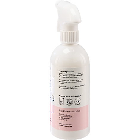 Een witte spuitfles met een roze etiket. Het etiket bevat informatie over het product, zoals de naam 'EcoClean pure liquid'.