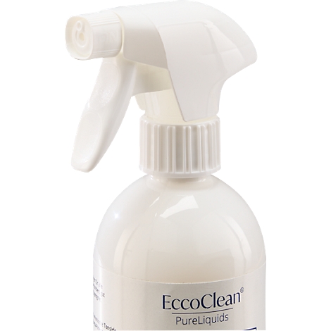 Nahaufnahme einer weißen Sprühflasche mit dem Logo "EccoClean PureLiquids".