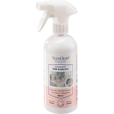 Flacon spray blanc avec l'inscription EccoClean détartrant. Baignoire et robinet sont représentés. Capacité : 500 ml.