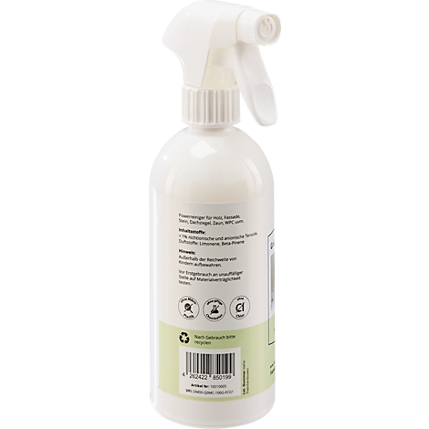 Flacon pulvérisateur blanc avec texte et code-barres. Inscription: "Nettoyant pour verre, asphalte, gel douche, etc."