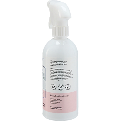 Weiße Sprühflasche mit Text in Deutsch. Aufschrift: EcoCleanPureLiquid.
