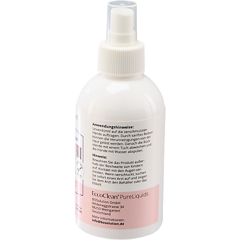 Eine weiße Sprayflasche mit rosafarbenem Etikett, darauf Text in Deutsch. Der Sprühkopf ist transparent, darunter ein weißer Verschluss.