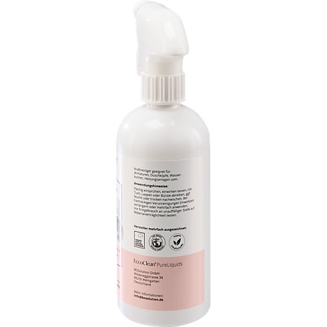 Een witte spuitfles met een roze etiket. Bedrukte tekst en zegels.