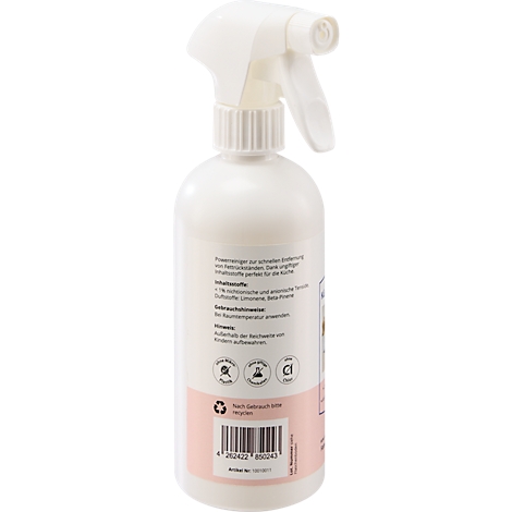 Un flacon pulvérisateur blanc avec une étiquette rose. L'étiquette contient du texte et des symboles.