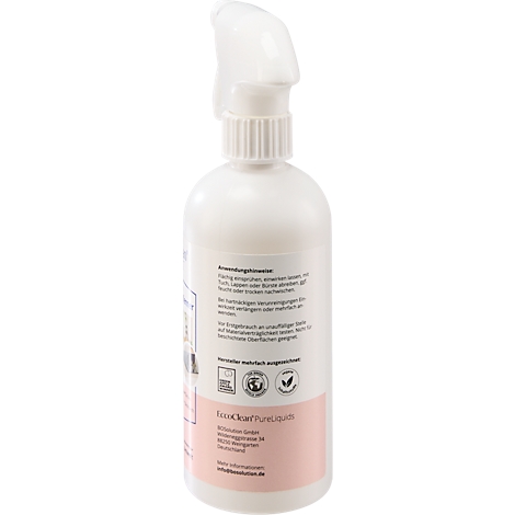 Bouteille blanche avec tête de pulvérisation, texte en allemand, étiquette rose.