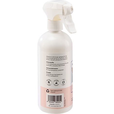 Flacon pulvérisateur blanc avec informations produit. Accent rose en bas. Texte : "Nettoyant puissant intensif". Code-barres en bas.