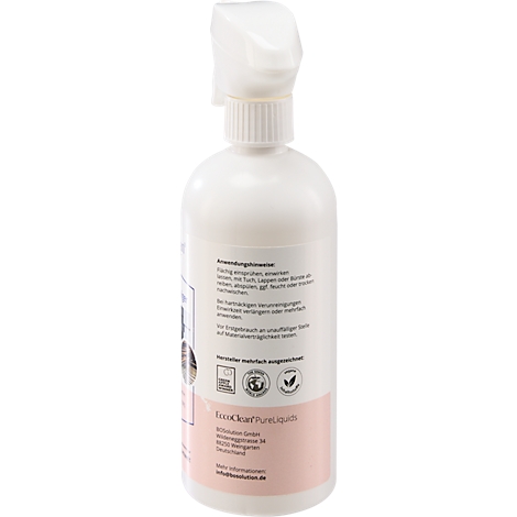 Un flacon pulvérisateur blanc avec des imprimés. Du texte et des logos sont affichés au dos.