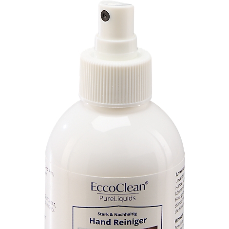 Gros plan sur un flacon pulvérisateur blanc avec l'inscription 'EccoClean Hand Reiniger'.