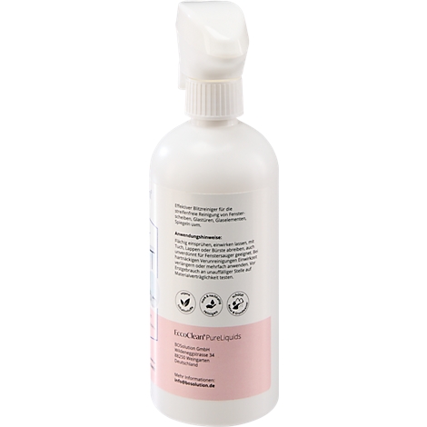 Une bouteille de pulvérisation blanche avec une étiquette rose. Texte et symboles imprimés. Les détails sont clairement visibles.