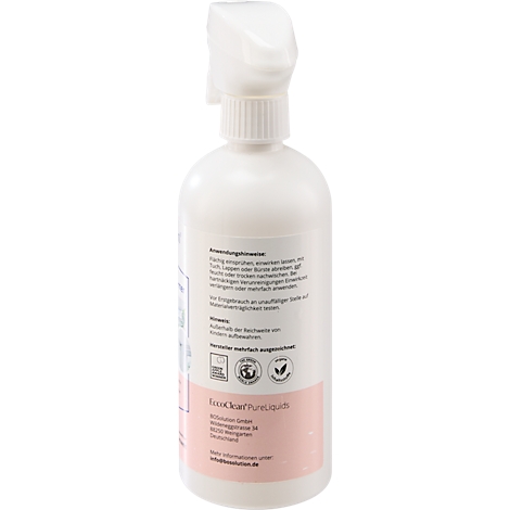 Eine weiße Sprühflasche mit Produktinformationen und Logo, vor neutralem Hintergrund.