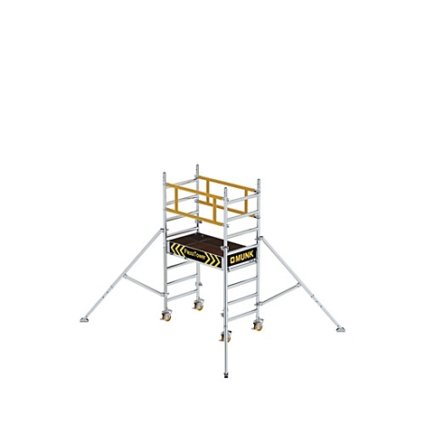 Échafaudage avec garde-corps de sécurité jaune et roulettes, fond blanc.