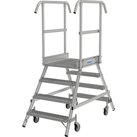 Échelle escabeau en aluminium avec plate-forme et garde-corps, sur roues.