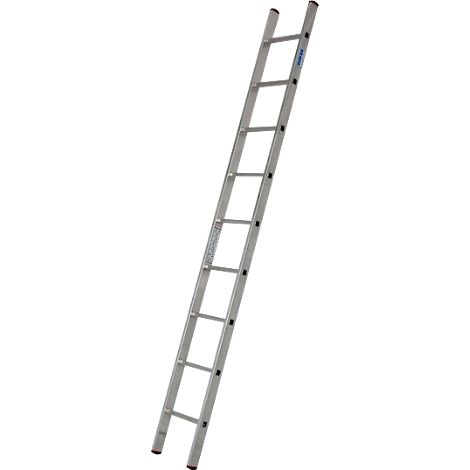 Échelle grise posée en diagonale sur fond blanc. Détails visibles.