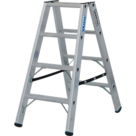 Escabeau en aluminium argenté avec des accents bleus, sur fond blanc. L'échelle porte le logo "KRAUSE" et des informations sur la capacité de charge.