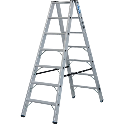 Escabeau argenté sur fond clair. L'échelle comporte plusieurs barreaux, stabilisés par des entretoises noires. Un logo est visible sur l'échelle.