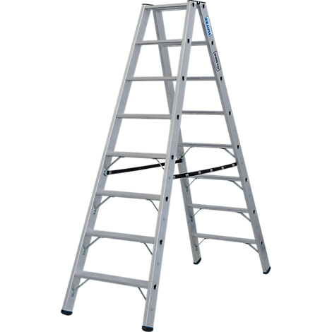 Un escabeau argenté, sur fond blanc. Les barreaux sont reliés par des barres noires.