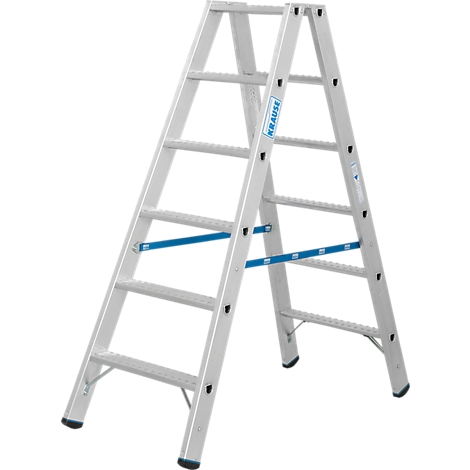 Escabeau argenté sur fond blanc. Entretoises bleues et logo.