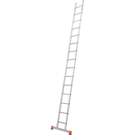 Une échelle argentée est en biais. Les barreaux sont horizontaux, les pieds oranges maintiennent l'échelle.