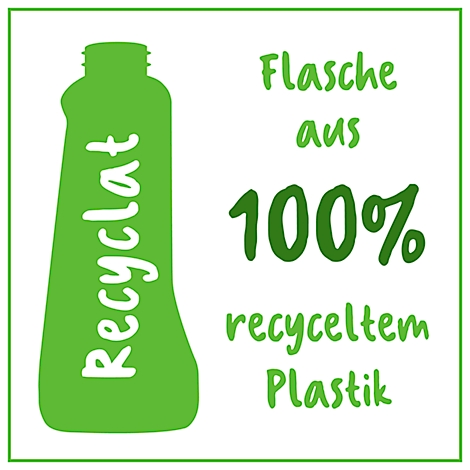Green bottle made from recycled plastic, with the inscription "Recyclat" and the text "Bottle from 100% recycled plastic".