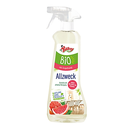 A spray bottle of Poliboy Bio all-purpose cleaner with grapefruit. On the bottle are a grapefruit illustration and lettering.