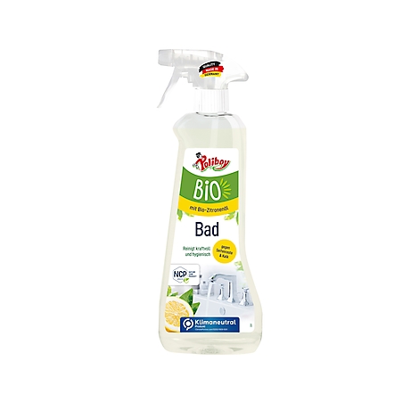 Cleaning spray "Poliboy Bio Bad" with lemon oil. Spray bottle against white background, logo, text and yellow lemon.